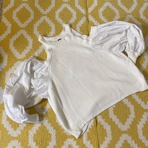 FREE PEOPLE XS unique white sweater with puffy boho sleeves and cold shoulder